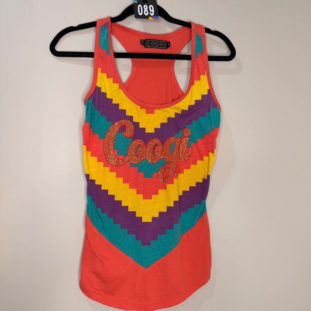 #89 COOGI Tank Top Sz. Small Multicolor Y2K Rhinestone Logo Chevron‎ Racerback
